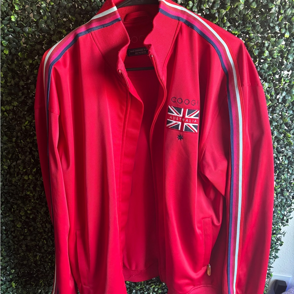 COOGI Men's Red Bomber Jacket with Stripe Accents